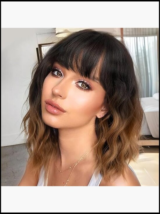 Shoulder Length Wavy Bob Wig with Bangs for Women Synthetic Hair Heat Resistant main image 6